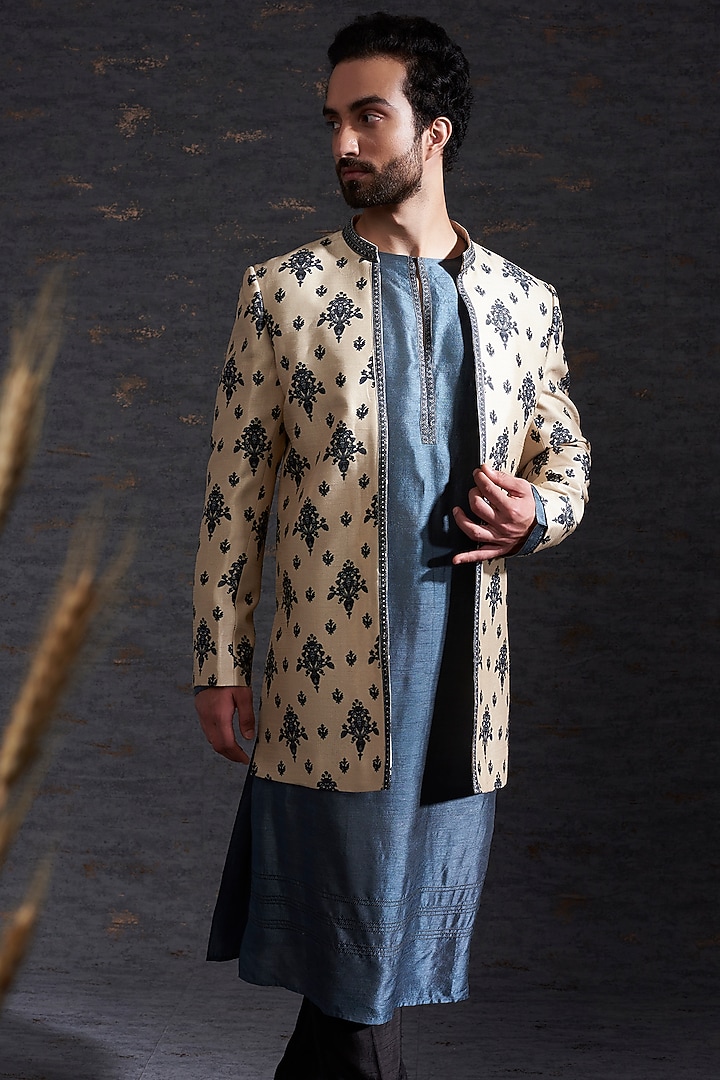 Sand & Charcoal Raw Silk Jacket Set by Hemant Trevedi Men at Pernia's Pop Up Shop