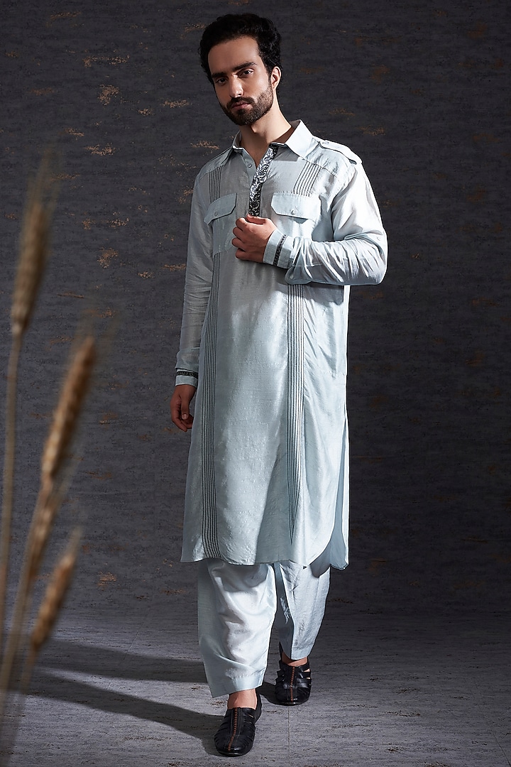 Pewter & Charcoal Pathani Kurta Set In Raw Silk by Hemant Trevedi Men