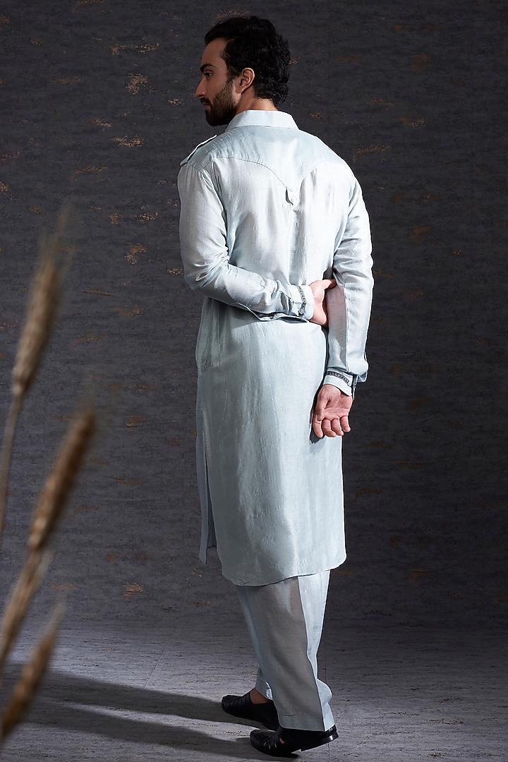 Pewter & Charcoal Pathani Kurta Set In Raw Silk by Hemant Trevedi Men at Pernia's Pop Up Shop