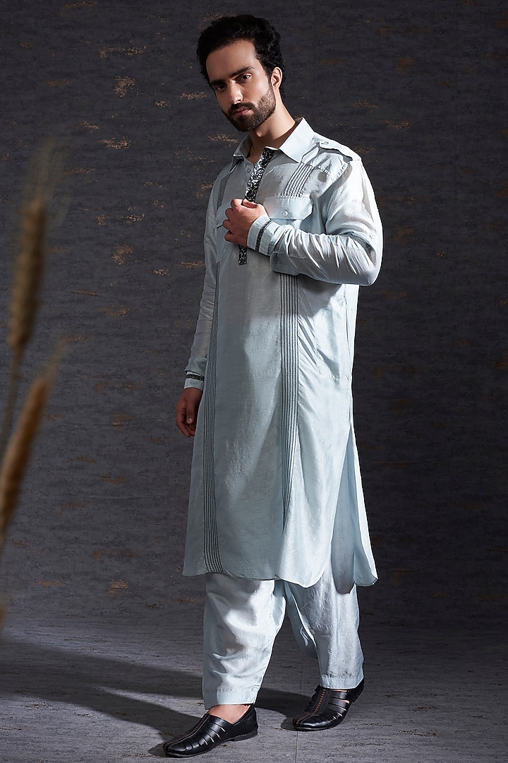 Pewter & Charcoal Pathani Kurta Set In Raw Silk by Hemant Trevedi Men at Pernia's Pop Up Shop