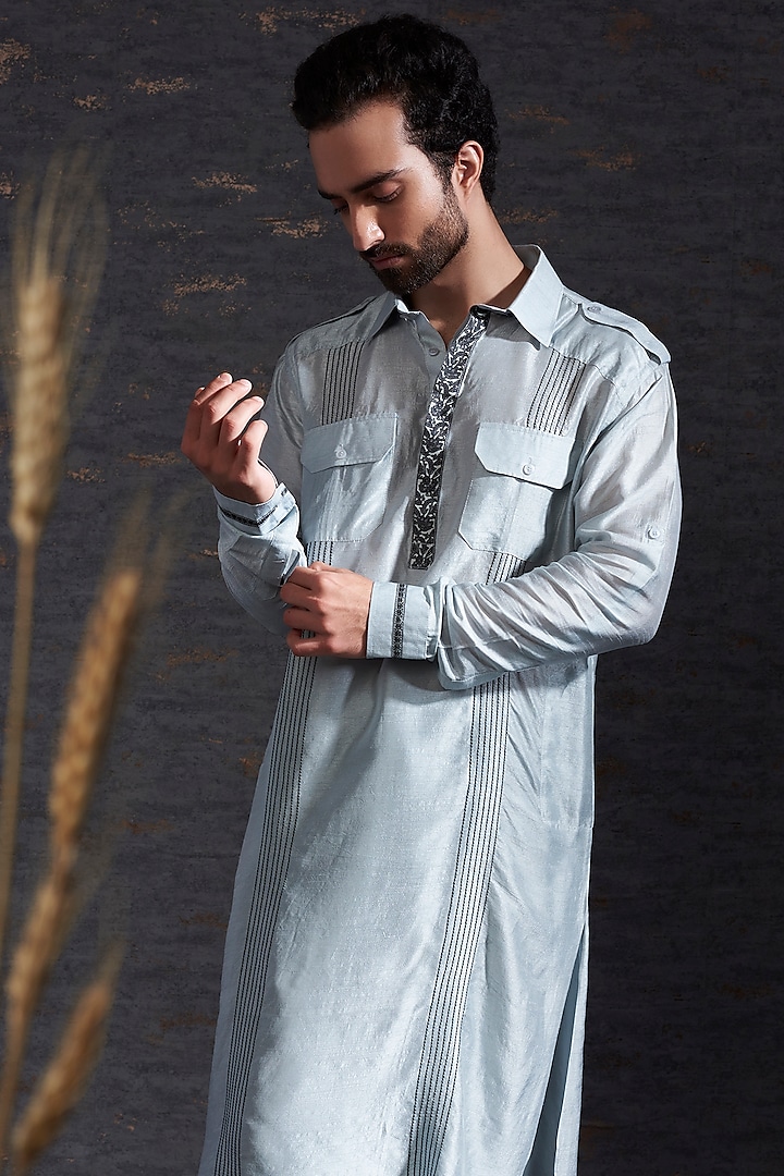 Pewter & Charcoal Pathani Kurta Set In Raw Silk by Hemant Trevedi Men at Pernia's Pop Up Shop