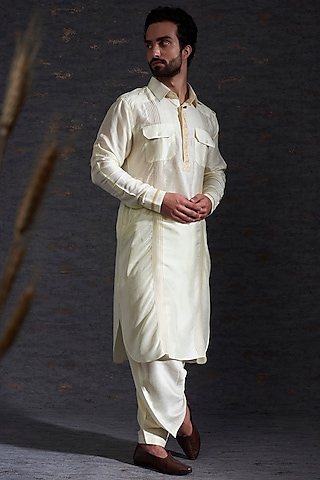 Snow & Camel Raw Silk Printed Pathani Kurta Set by Hemant Trevedi Men
