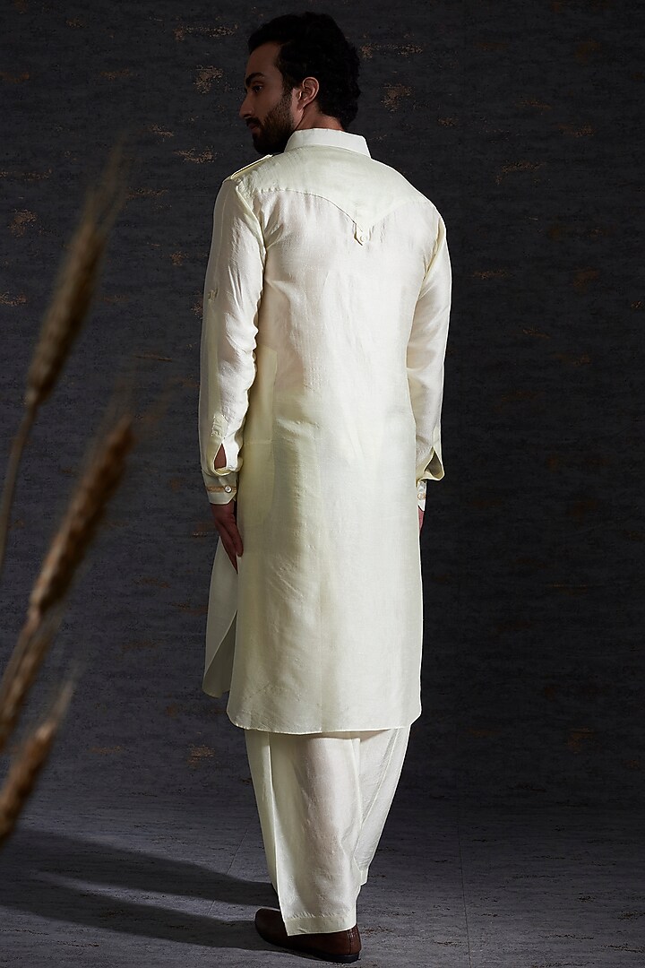 Snow & Camel Raw Silk Printed Pathani Kurta Set by Hemant Trevedi Men at Pernia's Pop Up Shop