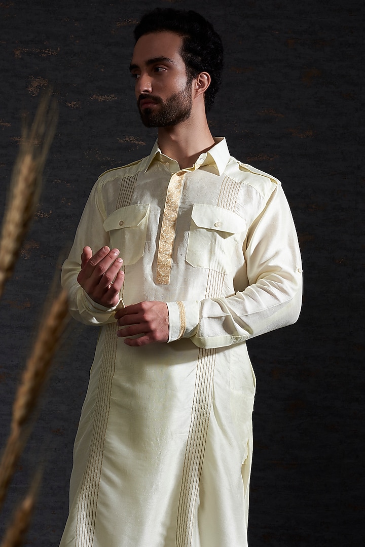 Snow & Camel Raw Silk Printed Pathani Kurta Set by Hemant Trevedi Men at Pernia's Pop Up Shop