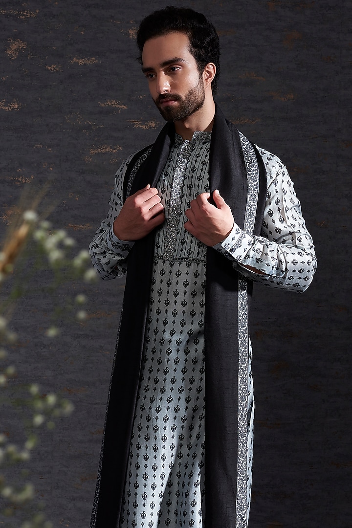 Pewter & Charcoal Kurta Set In Raw Silk by Hemant Trevedi Men at Pernia's Pop Up Shop