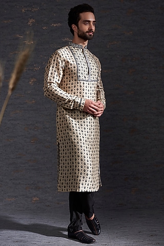 Sand & Charcoal Raw Silk Embroidered Kurta by Hemant Trevedi Men