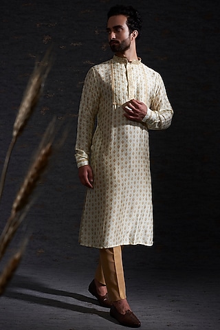Snow & Camel Colored Raw Silk Printed Kurta by Hemant Trevedi Men