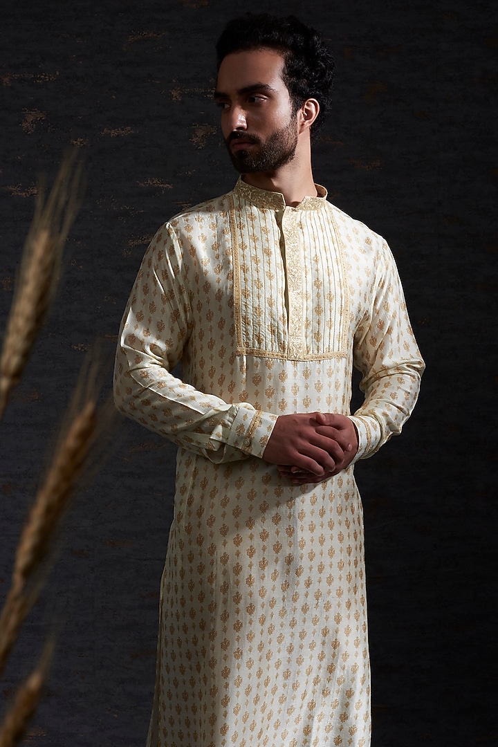 Snow & Camel Colored Raw Silk Printed Kurta by Hemant Trevedi Men at Pernia's Pop Up Shop