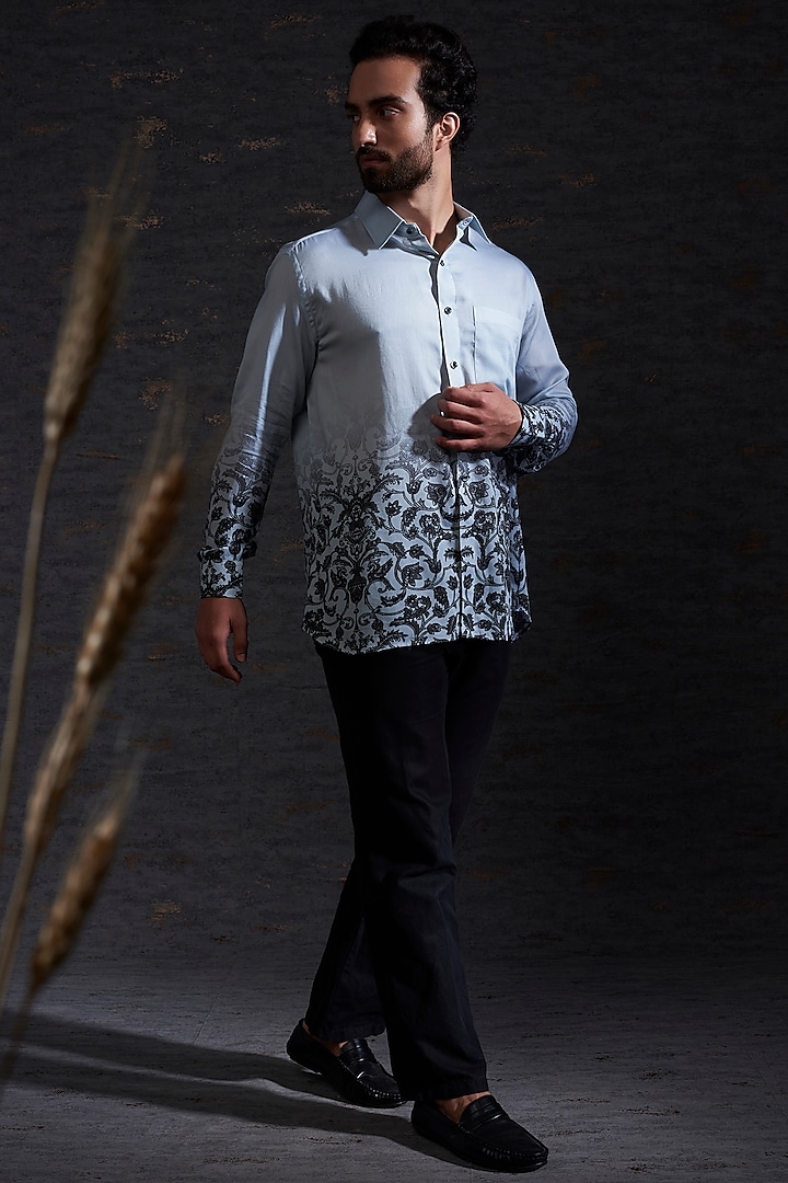 Pewter & Charcoal Printed Shirt by Hemant Trevedi Men