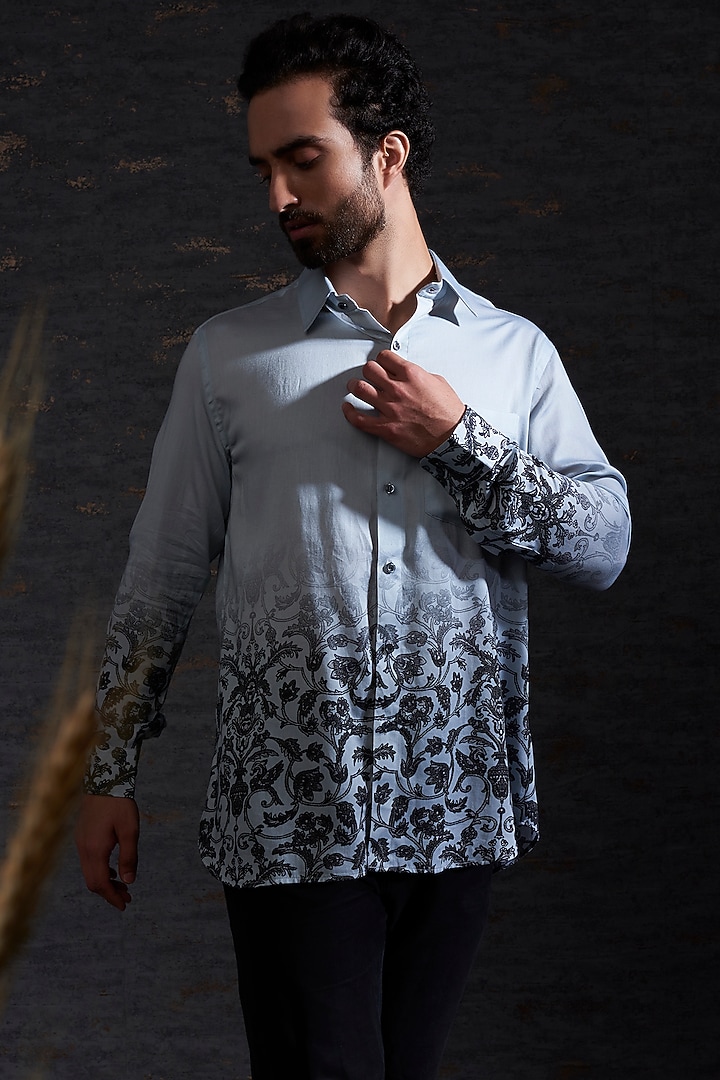 Pewter & Charcoal Printed Party Wear Shirt by Hemant Trevedi Men at Pernia's Pop Up Shop