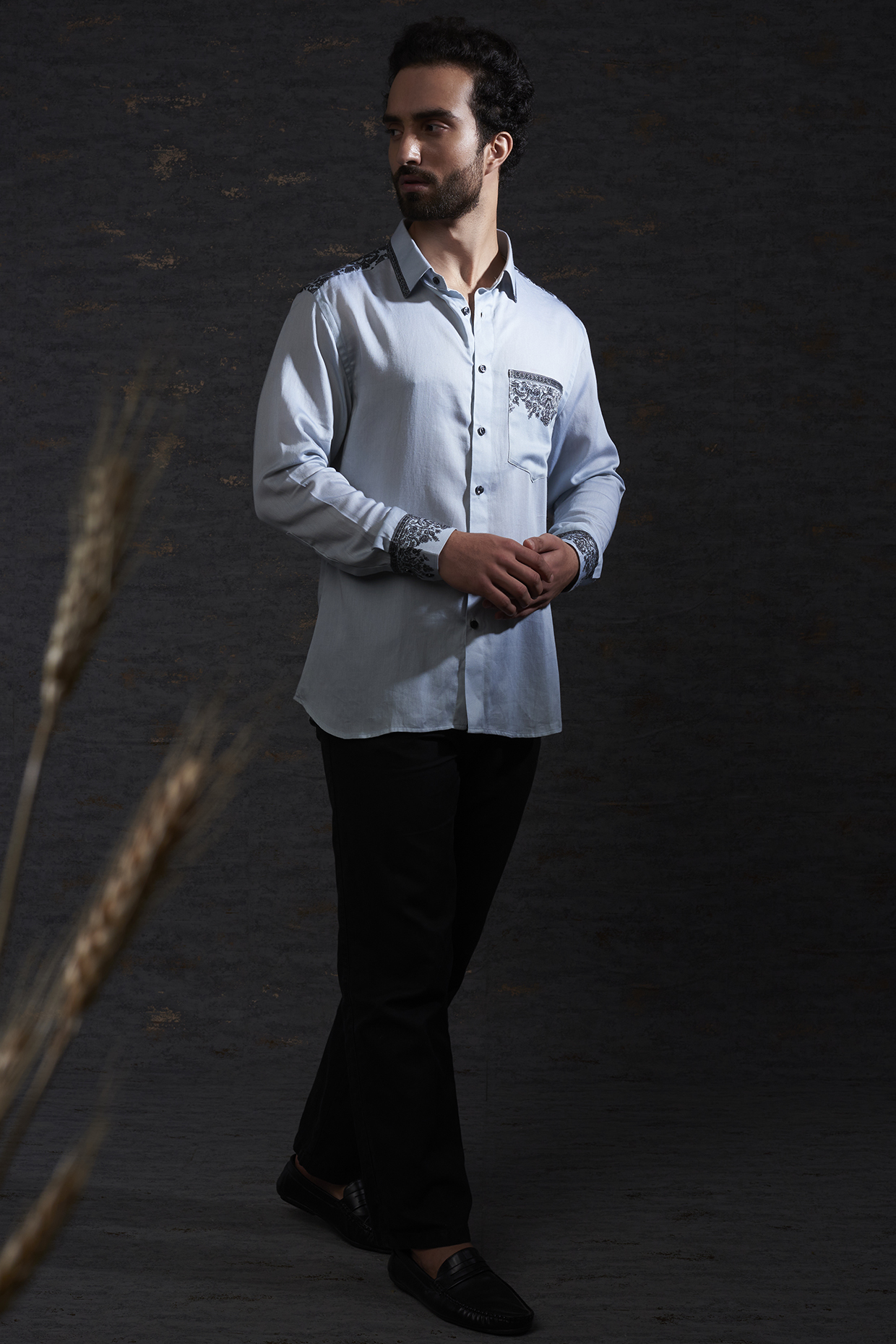 Pewter & Charcoal Cotton Silk Printed Shirt by Hemant Trevedi Men