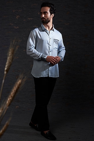 Pewter & Charcoal Cotton Silk Printed Shirt by Hemant Trevedi Men
