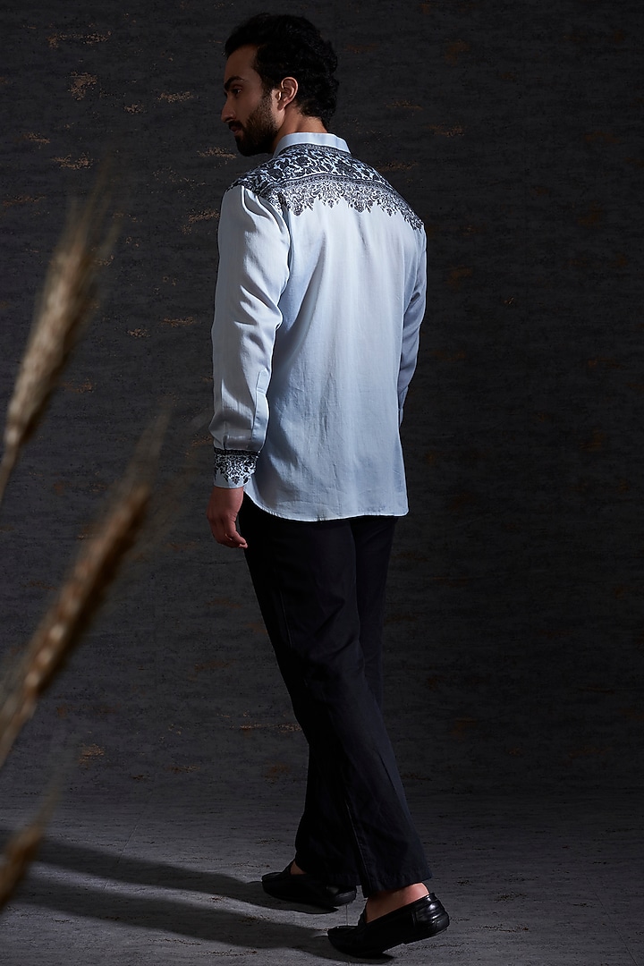 Pewter & Charcoal Cotton Silk Printed Party Wear Shirt by Hemant Trevedi Men at Pernia's Pop Up Shop