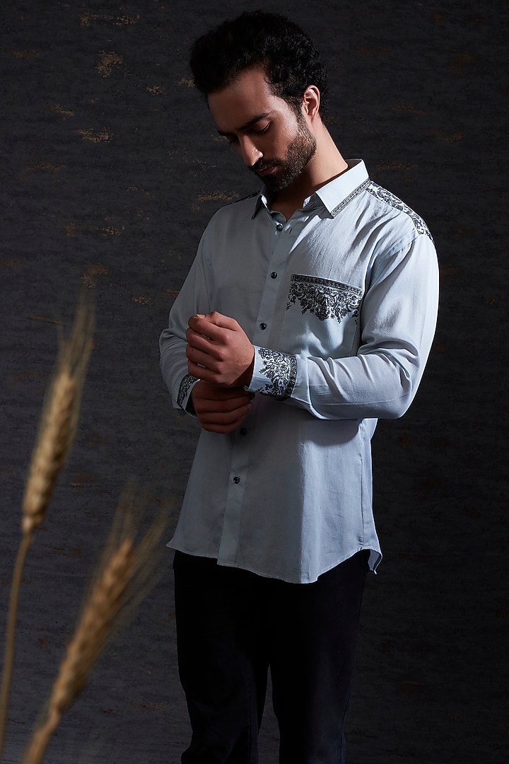 Pewter & Charcoal Cotton Silk Printed Party Wear Shirt by Hemant Trevedi Men at Pernia's Pop Up Shop
