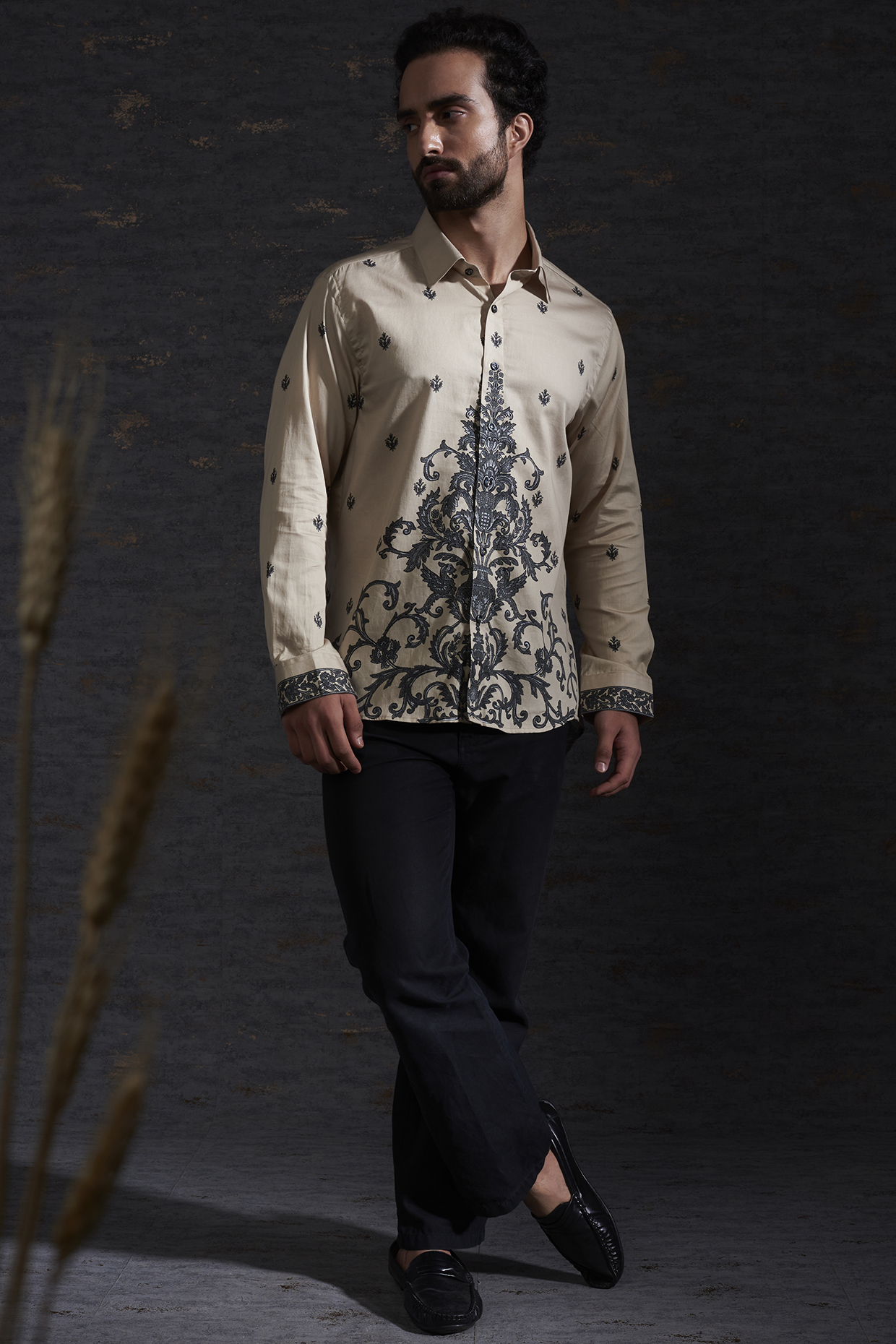 Sand & Charcoal Printed Shirt by Hemant Trevedi Men