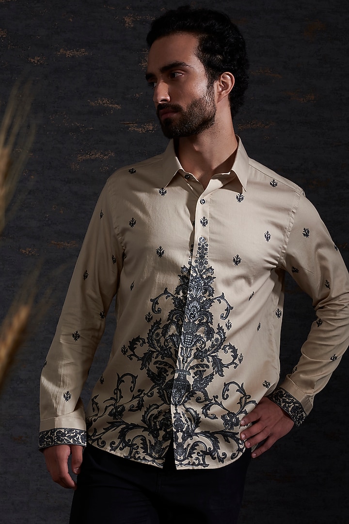 Sand & Charcoal Printed Party Wear Shirt by Hemant Trevedi Men at Pernia's Pop Up Shop