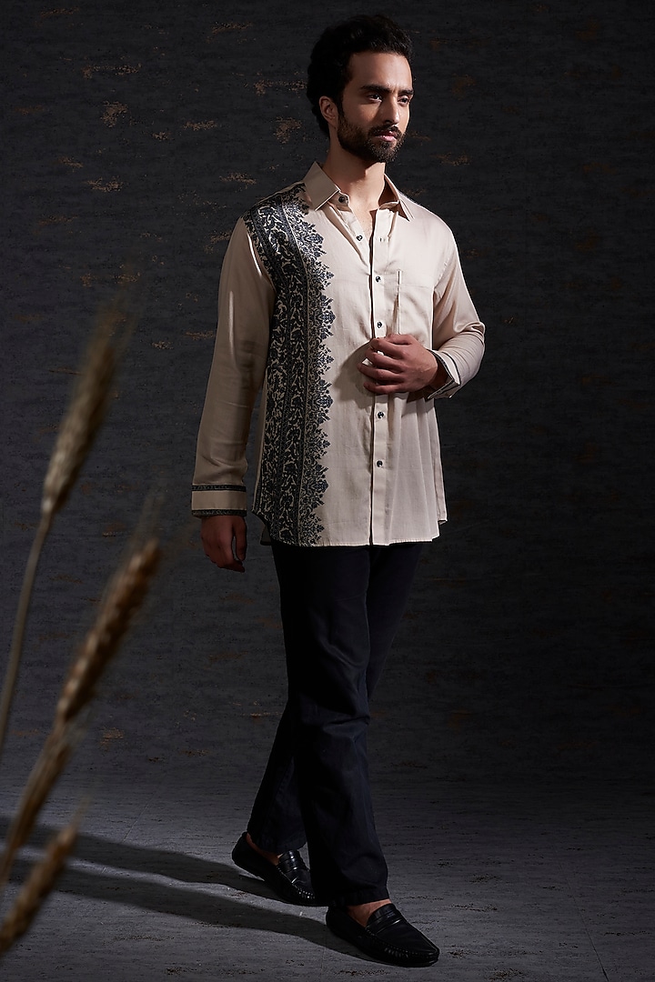 Sand & Charcoal Cotton Silk Printed Shirt by Hemant Trevedi Men