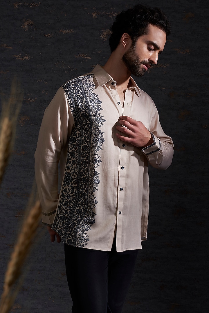 Sand & Charcoal Cotton Silk Printed Party Wear Shirt by Hemant Trevedi Men at Pernia's Pop Up Shop