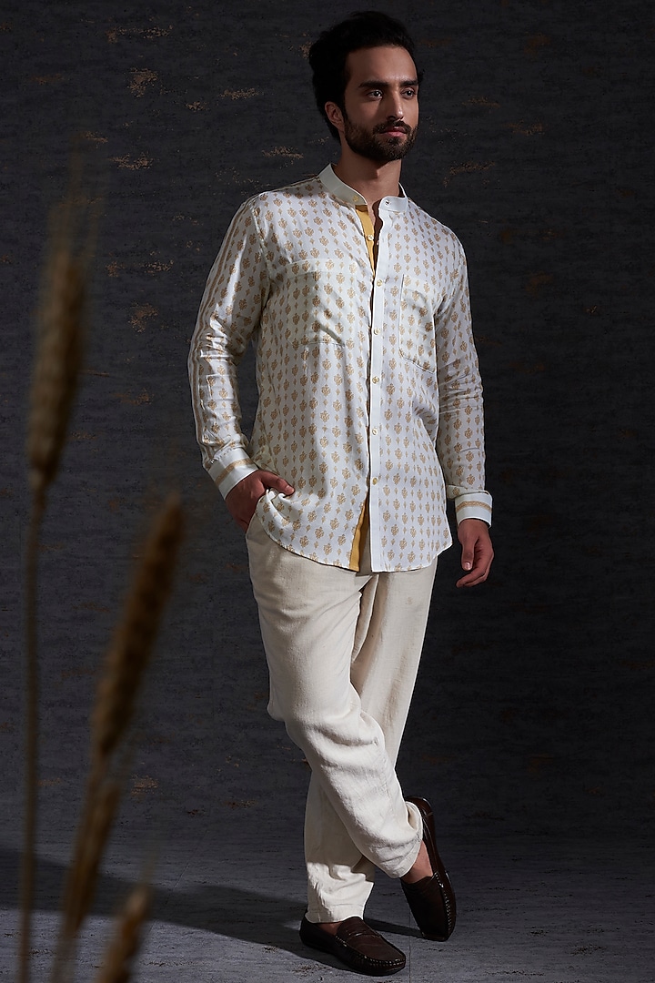 Snow & Camel Cotton Silk Printed Shirt by Hemant Trevedi Men at Pernia's Pop Up Shop