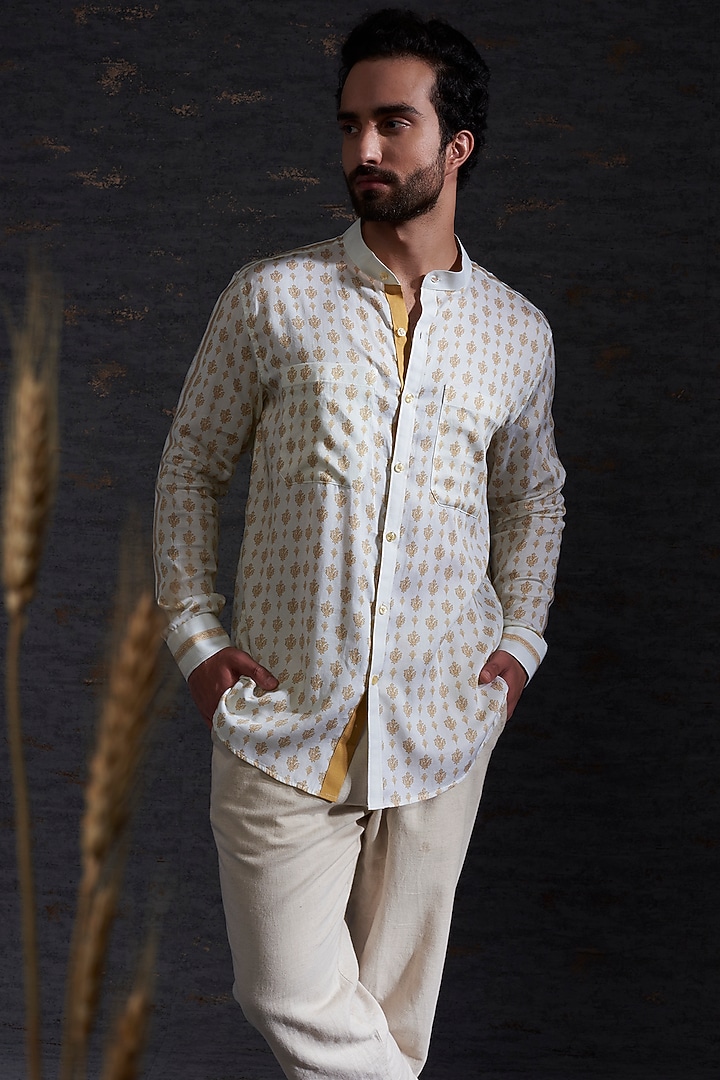 Snow & Camel Cotton Silk Printed Party Wear Shirt by Hemant Trevedi Men at Pernia's Pop Up Shop