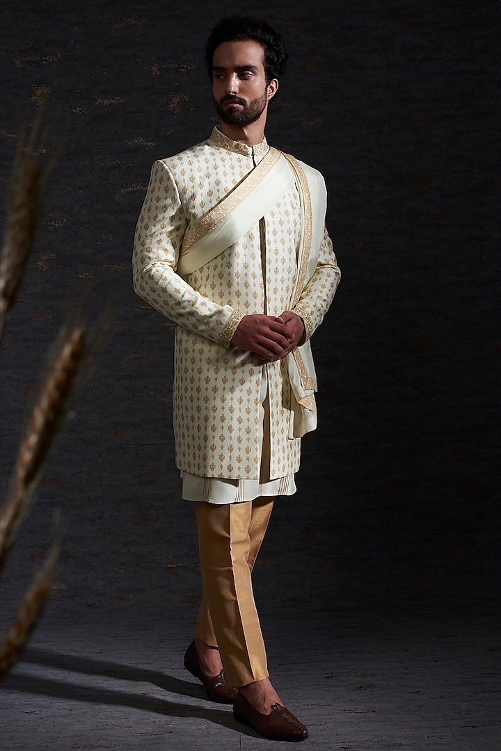 Snow & Camel Raw Silk Indowestern Jacket Set by Hemant Trevedi Men