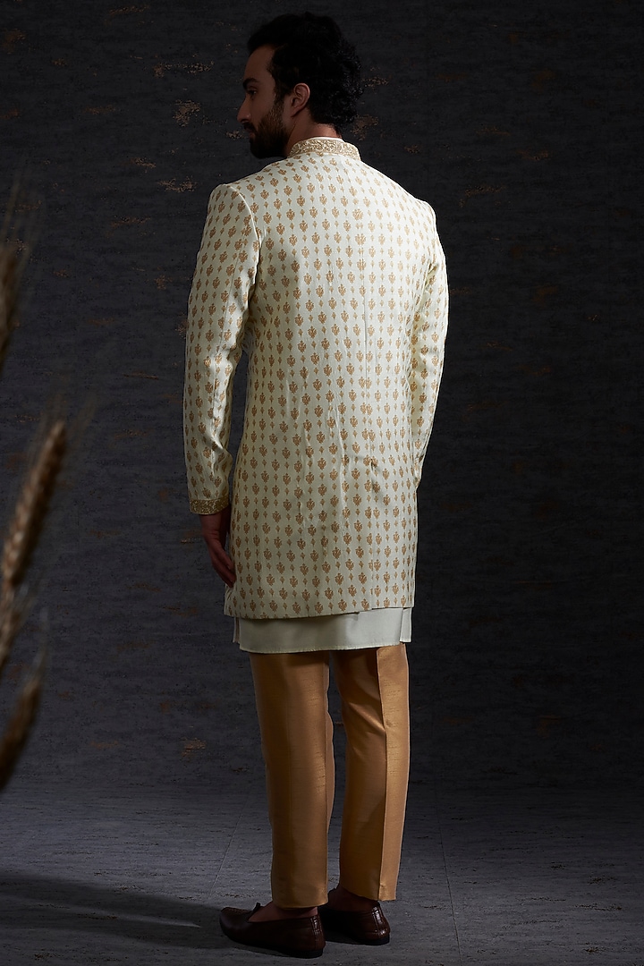 Snow & Camel Raw Silk Wedding Indowestern Jacket Set by Hemant Trevedi Men at Pernia's Pop Up Shop
