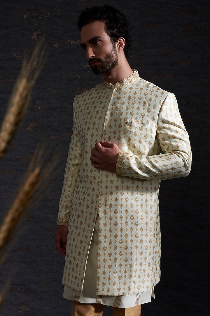 Snow & Camel Raw Silk Wedding Indowestern Jacket Set by Hemant Trevedi Men at Pernia's Pop Up Shop