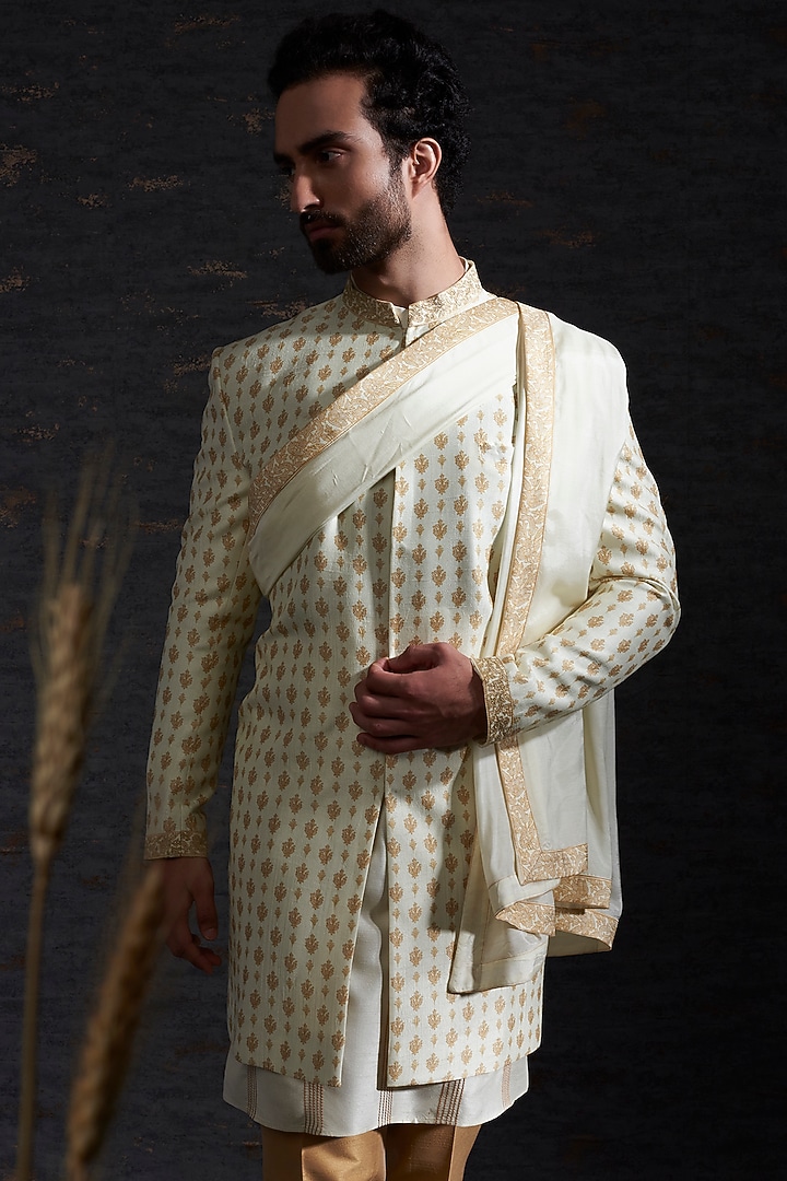 Snow & Camel Raw Silk Wedding Indowestern Jacket Set by Hemant Trevedi Men at Pernia's Pop Up Shop
