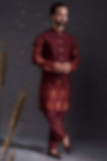 Brick Red Raw Silk Kurta Set With Bundi Jacket by Hemant Trevedi Men