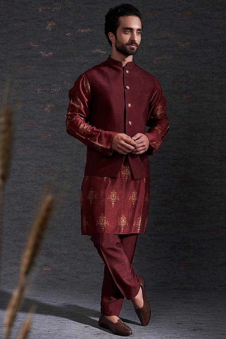 Brick Red Raw Silk Kurta Set With Bundi Jacket by Hemant Trevedi Men