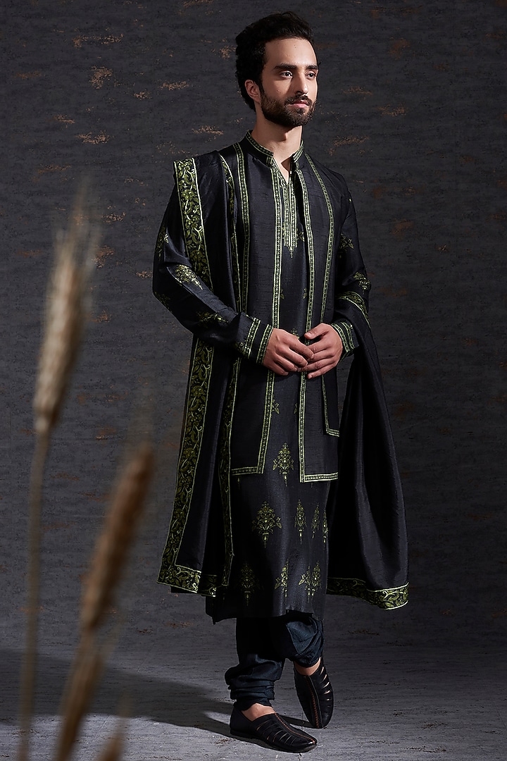Black & Olive Raw Silk Embroidered Indo-Western Set by Hemant Trevedi Men