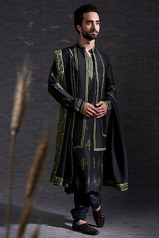 Black & Olive Raw Silk Embroidered Indo-Western Set by Hemant Trevedi Men