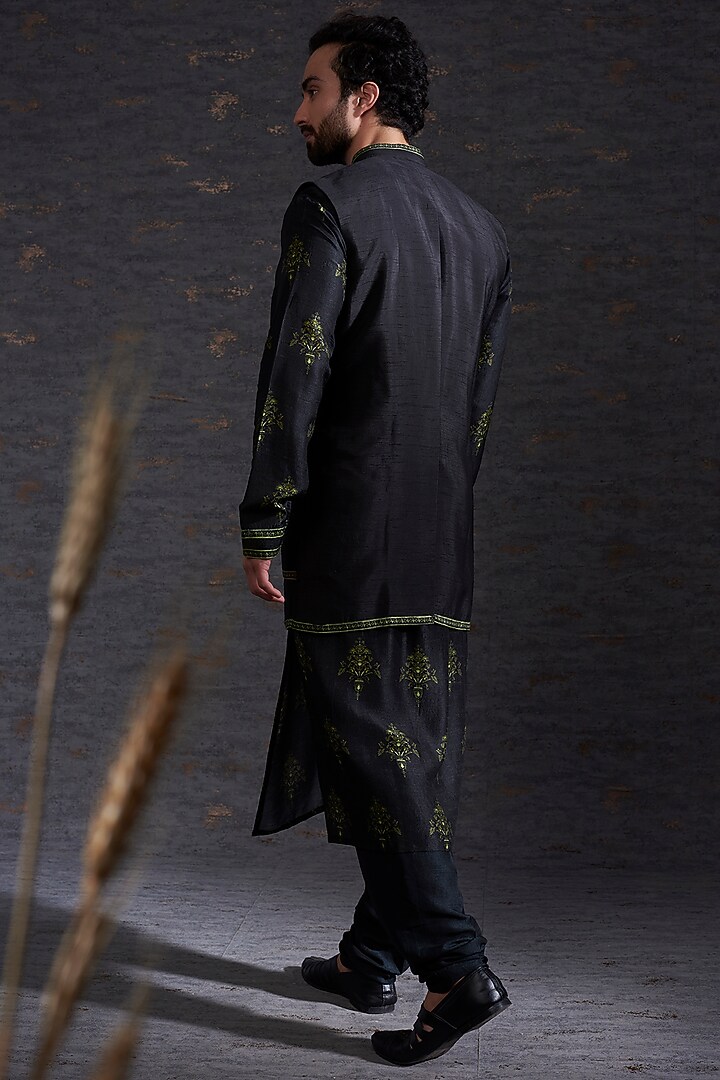 Black & Olive Raw Silk Embroidered Indo-Western Set by Hemant Trevedi Men at Pernia's Pop Up Shop
