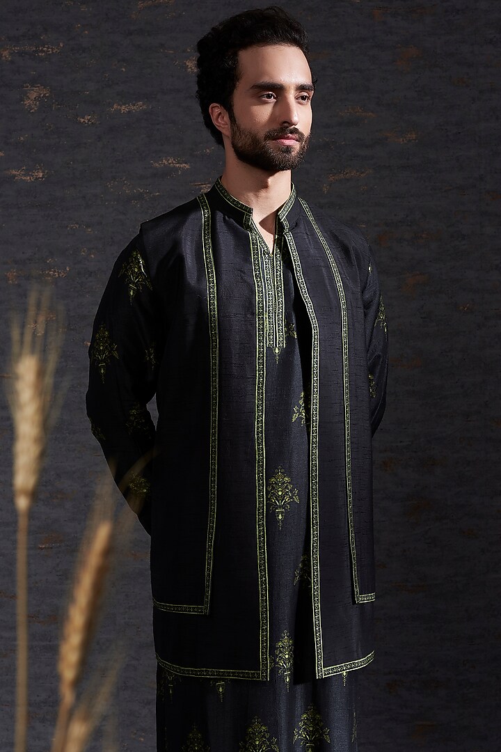 Black & Olive Raw Silk Embroidered Indo-Western Set by Hemant Trevedi Men at Pernia's Pop Up Shop