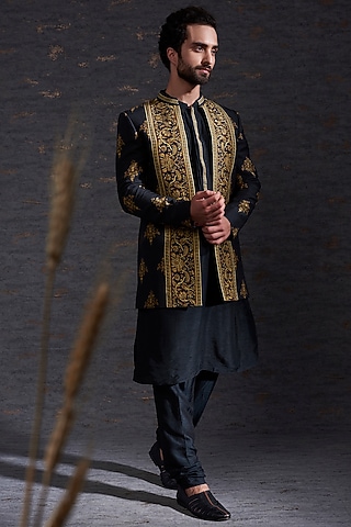 Black Raw Silk Printed Indowestern Set by Hemant Trevedi Men