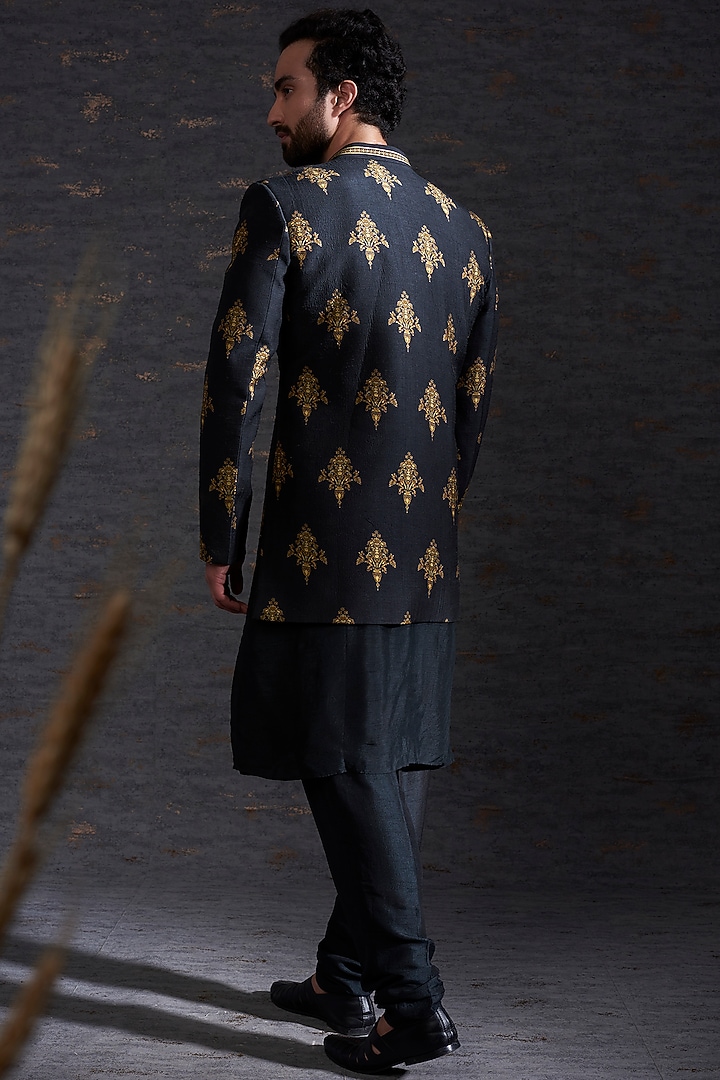 Black Raw Silk Printed Indowestern Set by Hemant Trevedi Men at Pernia's Pop Up Shop