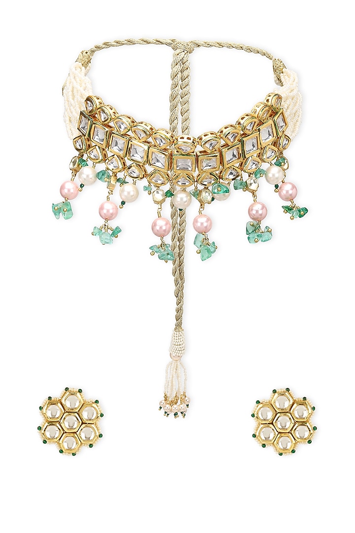 Gold Finish Kundan Polki & Onyx Stone Meenakari Choker Necklace Set by Heer-House Of Jewellery at Pernia's Pop Up Shop