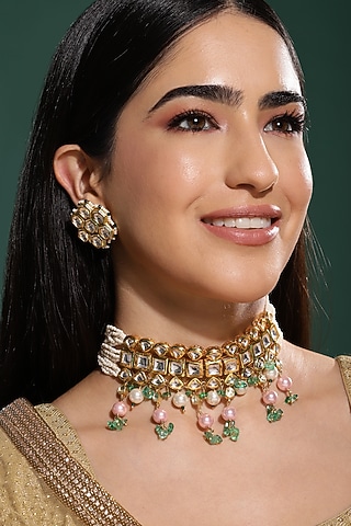 Gold Finish Kundan Polki & Onyx Stone Meenakari Choker Necklace Set by Heer-House Of Jewellery