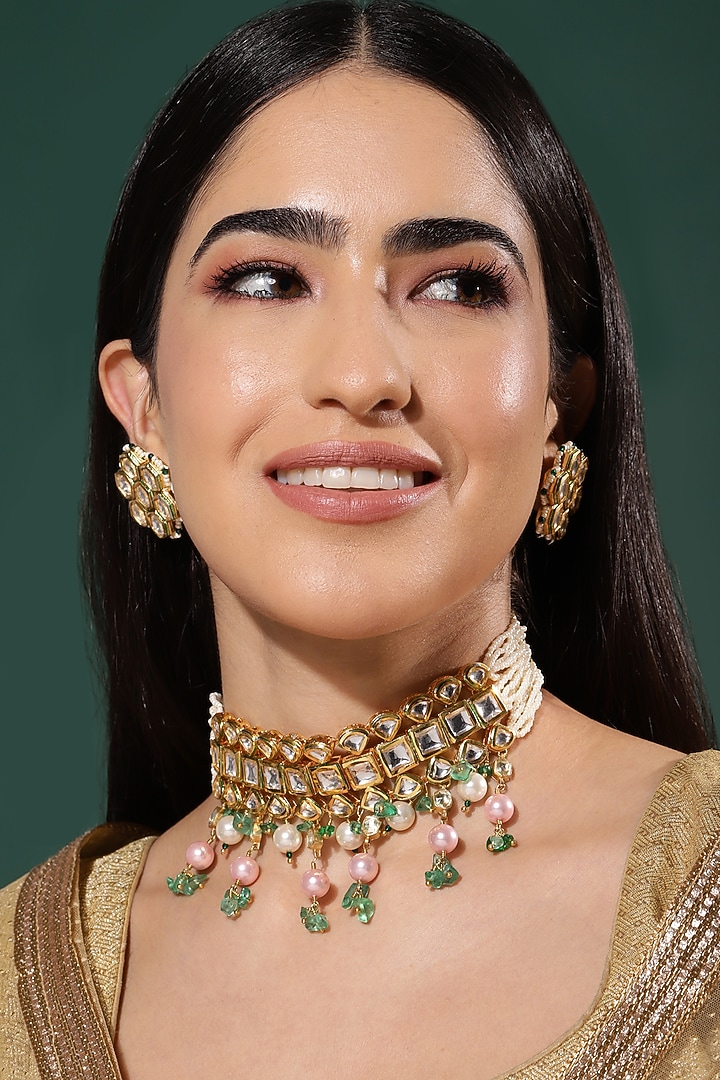 Gold Finish Kundan Polki & Onyx Stone Meenakari Choker Necklace Set by Heer-House Of Jewellery at Pernia's Pop Up Shop