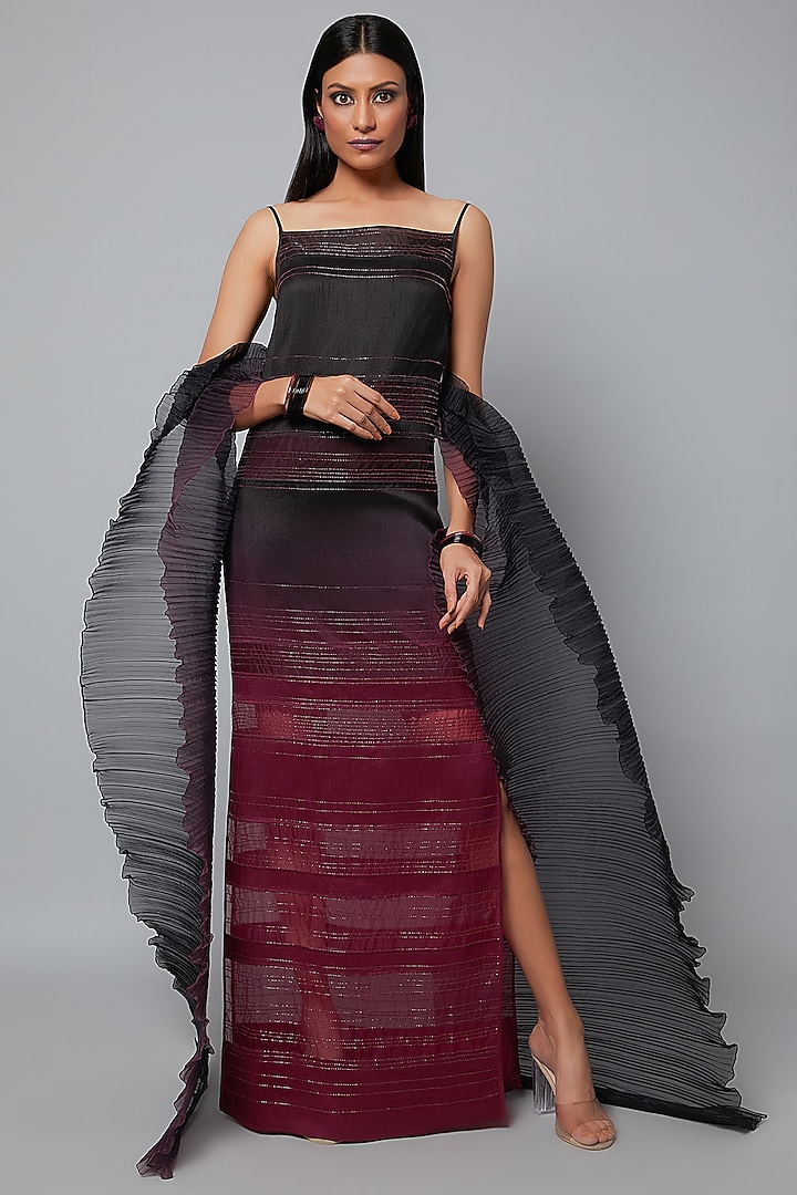 Wine & Black Ombre Embroidered Gown With Stole by Hemant Trevedi