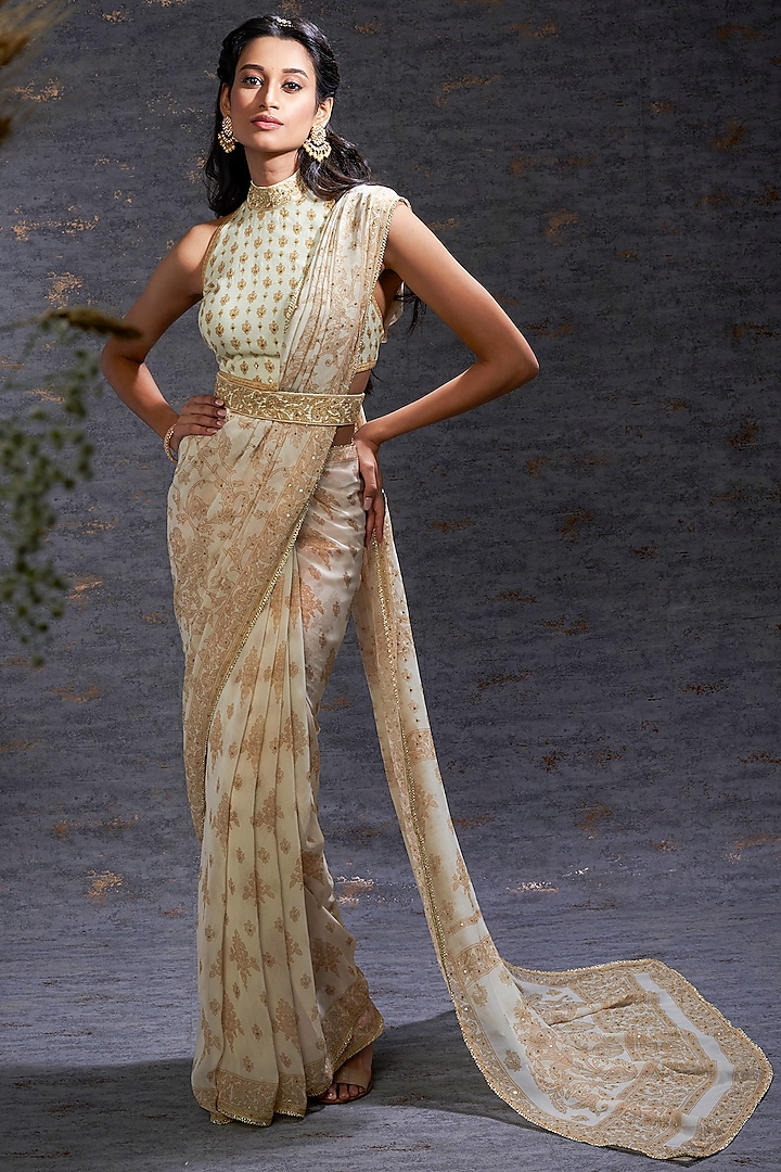 Snow & Camel Printed Georgette Embroidered Saree Set by Hemant Trevedi