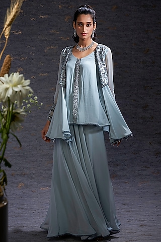 Pewter & Charcoal Georgette Printed Pant Set by Hemant Trevedi