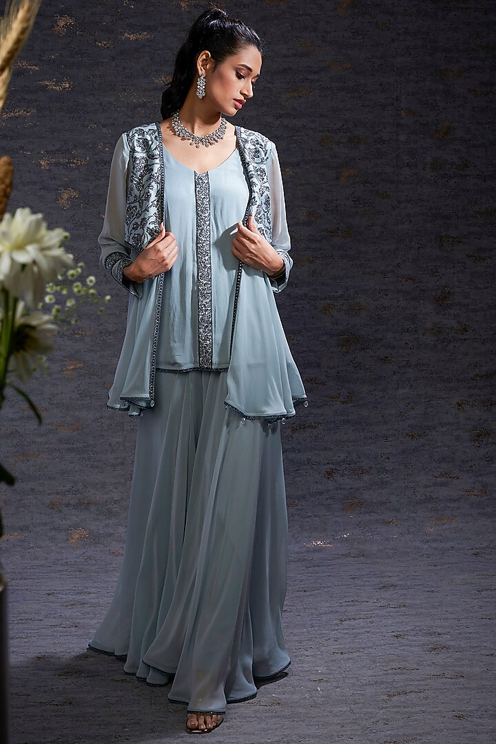 Pewter & Charcoal Georgette Printed Pant Set by Hemant Trevedi at Pernia's Pop Up Shop