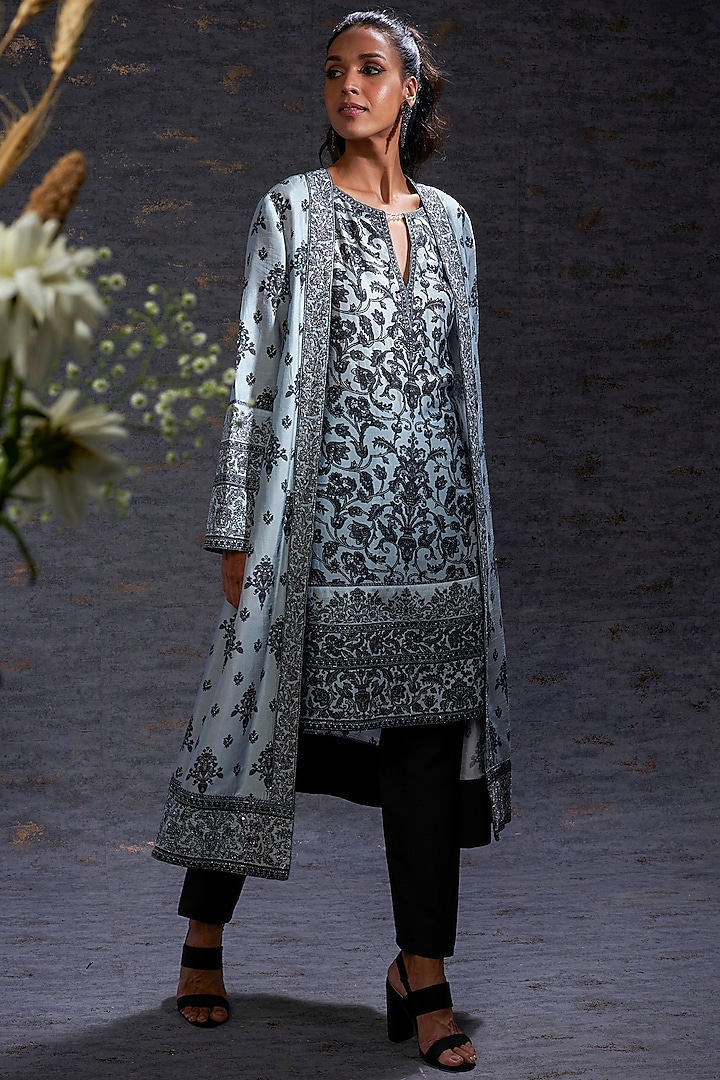 Pewter & Charcoal Printed Tunic Trouser Jacket Look by Hemant Trevedi