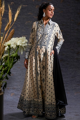 Sand & Charcoal Multi Printed Full-Length Dress With Stole by Hemant Trevedi