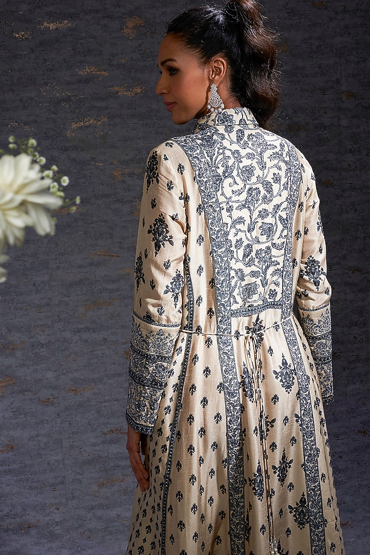 Sand & Charcoal Multi Printed Full-Length Vacation Dress With Stole by Hemant Trevedi at Pernia's Pop Up Shop