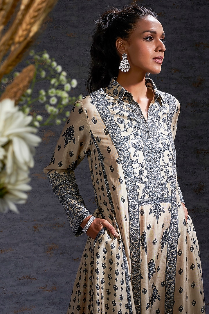 Sand & Charcoal Multi Printed Full-Length Vacation Dress With Stole by Hemant Trevedi at Pernia's Pop Up Shop