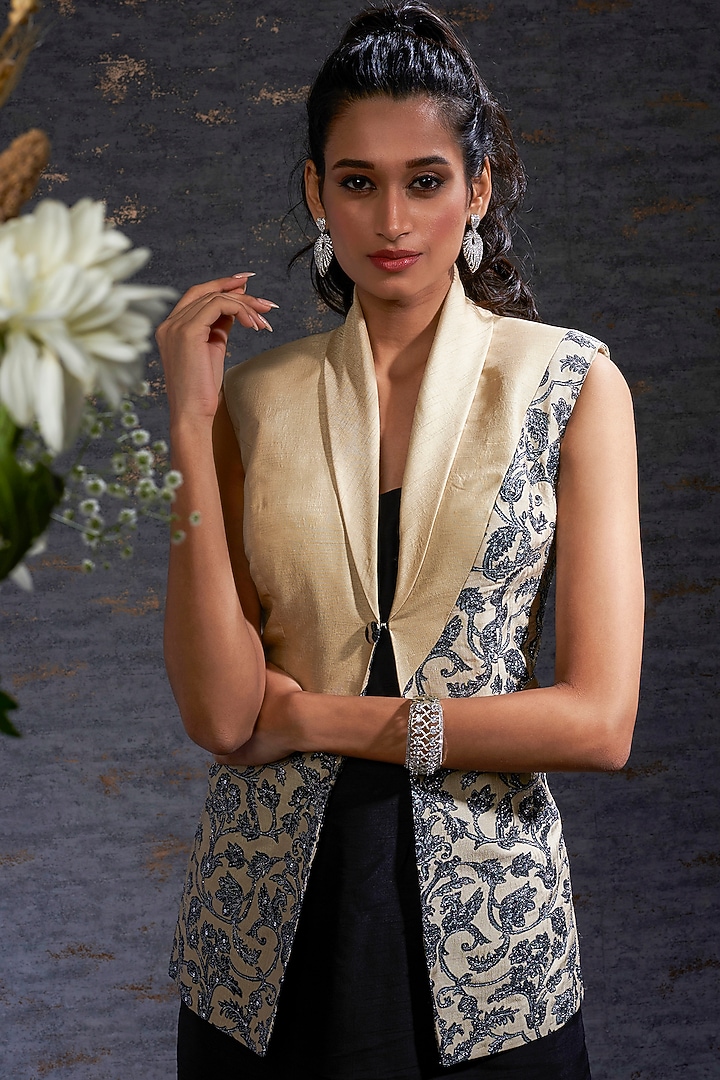 Sand & Charcoal Printed Embroidered Jacket With Cami Summer Dress by Hemant Trevedi at Pernia's Pop Up Shop