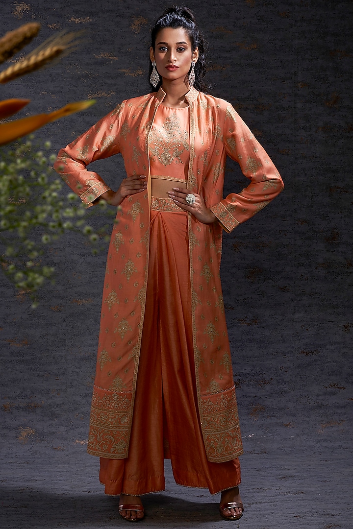 Apricot & Camel Embroidered Jacket-Trouser Look by Hemant Trevedi