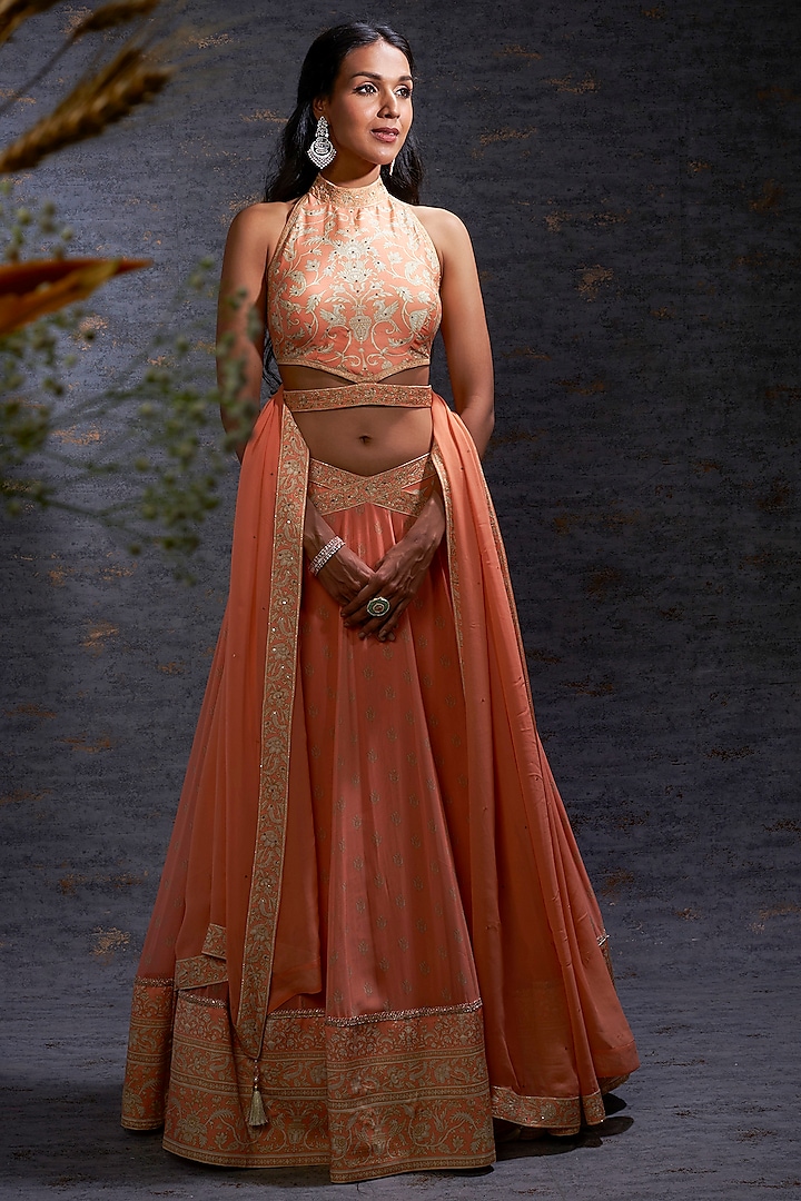 Apricot & Camel Printed Lehenga Look by Hemant Trevedi